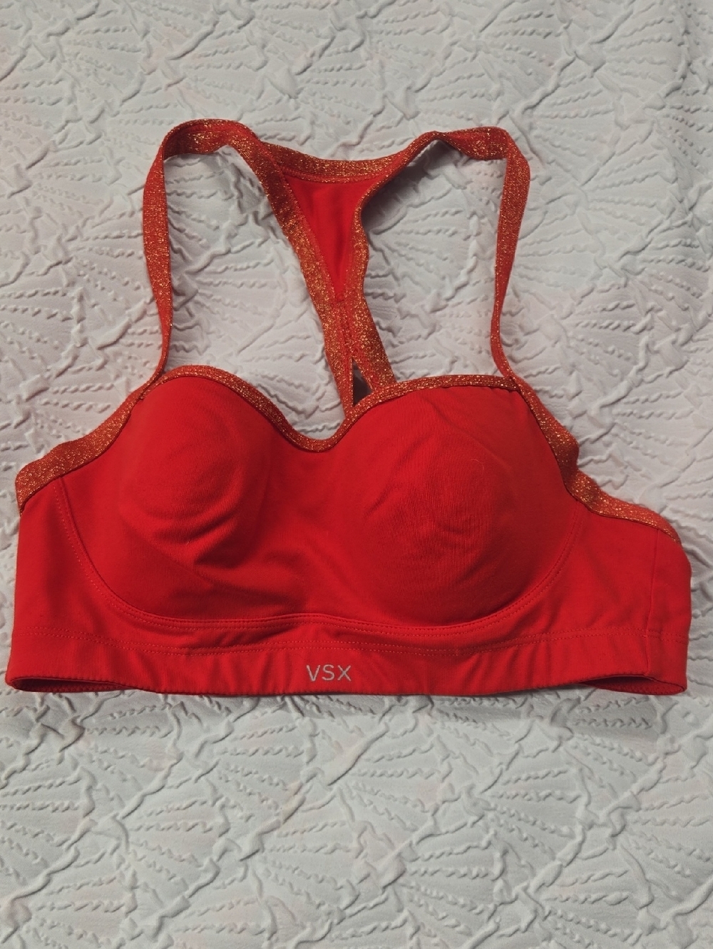 VSX Bright Red Racerback Sports Bra with Gold Sparkle Trim Underwire Support